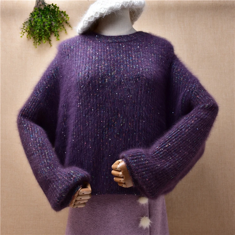 

Женская осенне-зимняя одежда, пушистый шерстяной вязаный пуловер из ангоры с длинными рукавами-фонариками и круглым вырезом, свободный сви...