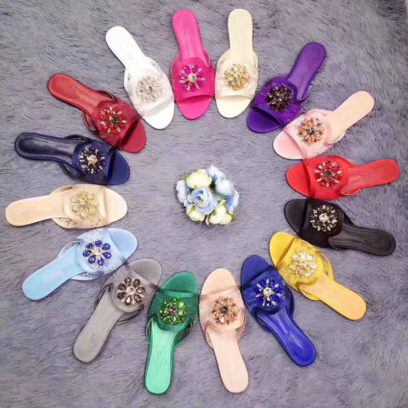 

Prowow Lace Beach Slippers Woman New Summer Slip on Flat Shoes Women Crystal Flower Slides Ladies Rhinestone Beach Sandals