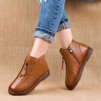 2022 hot sell winter genuine leather ankle boots velvet handmade lady soft flat shoes comfortable casual moccasins womens shoes