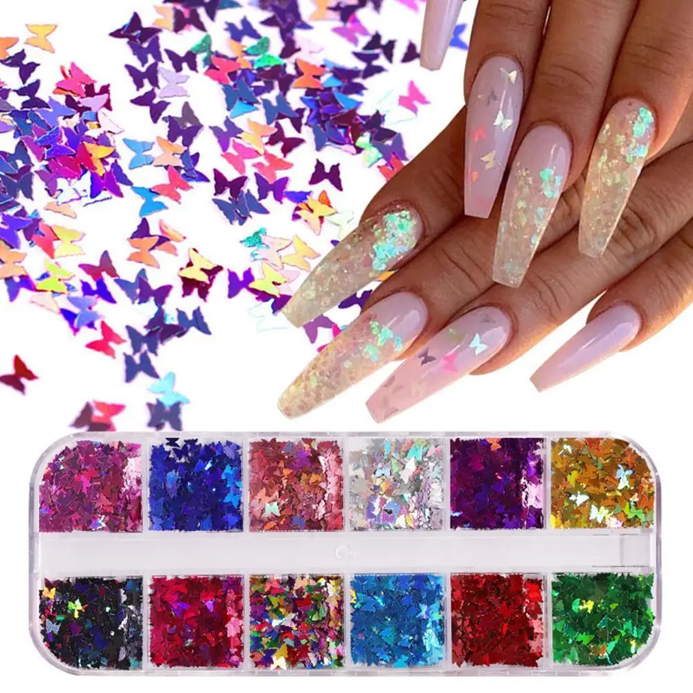 

Mirror Sparkly Butterfly Nail Sequins Paillette Mixed Nail Holographics Flakes 3D Glitter Spangle Accessories Slices Colors Q5D6