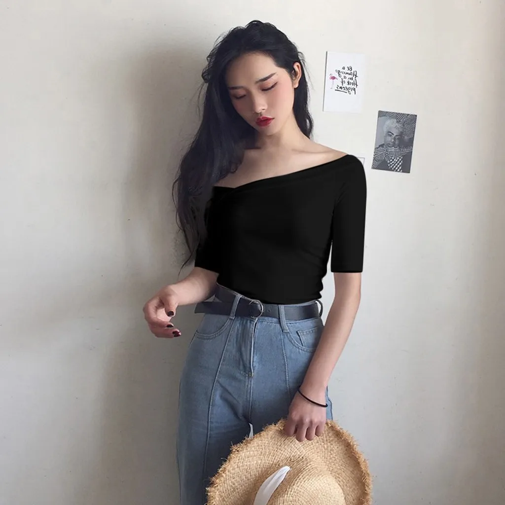 Женская футболка с косой шеей летняя ассиметричная крест короткий рукав