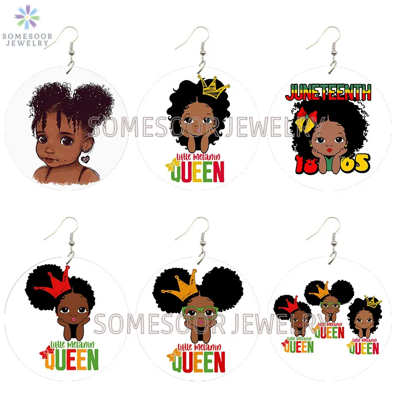 

SOMESOOR Little Melanin Queen Wooden Drop Earrings Afro Curly Cute Girl Both Sides Printed Loops Dangle Jewelry For Women Gifts