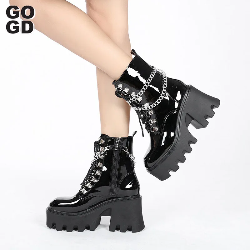 

Женские ботинки из лакированной кожи GOGD, Осень-зима 2021, на толстой подошве, с застежкой-молнией, с круглым носком