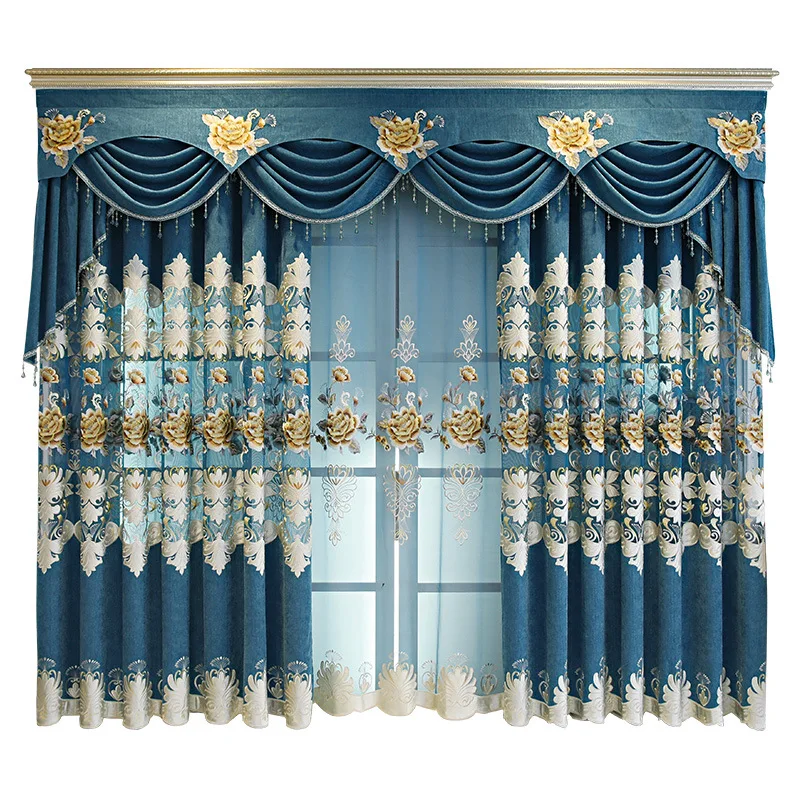 

European Style Curtains for Living Dining Room Bedroom Light Luxury Embroidered Curtains Tulle Finished Product Customization