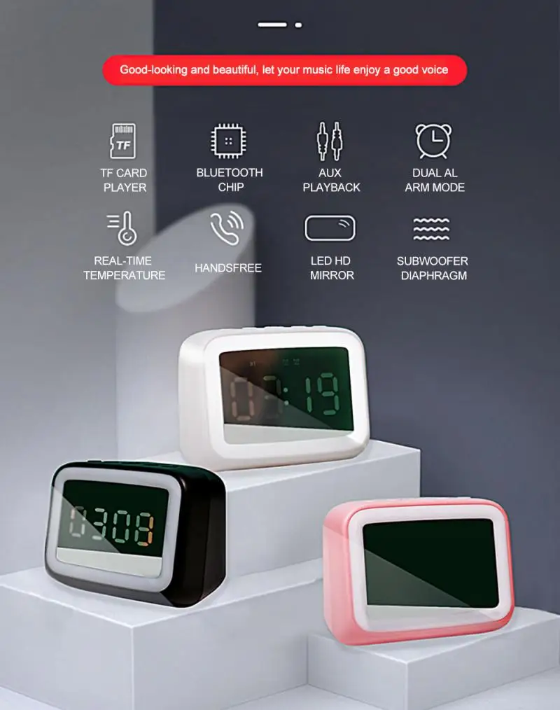 Зеркальные часы с ночным освесветильник карта FM Bluetooth Колонка подарок