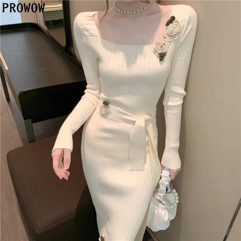 

Цельнокроеное вязаное платье, Женский пуловер, платье с квадратным вырезом и цветами, новинка 2020, Осенние вязаные платья-свитеры, женские об...