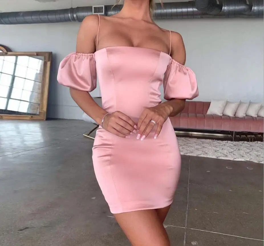 

Женское мини-платье с открытыми плечами, летнее облегающее платье розового и белого цвета с рукавами-фонариками и воротником-лодочкой, офис...