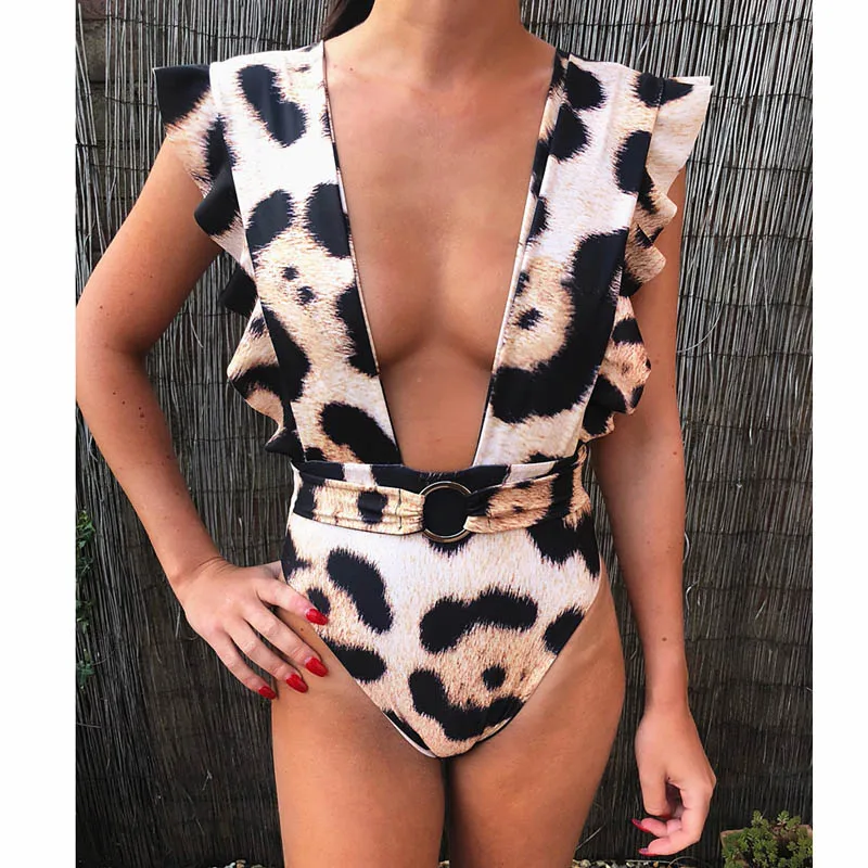 D Для женщин Одна деталь купальник с глубокой купальные костюмы V-Neck оборками боди Maillot De Bain купальный костюм пуш-ап Пляжная одежда - Цвет: D