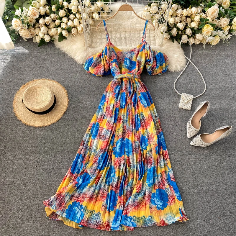 

Women Summer V-Neck Strap Off Shoulder Puff Sleeve Floral Print Maxi Chiffon Dress Bohemian Beach Holiday Dress
