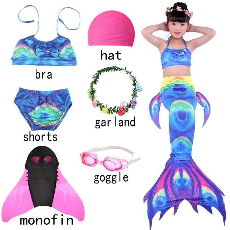 7pcs with monofin-A Детская одежда для девочек на Хэллоуин, купальник русалки, бикини для девочек, хвост русалки, монолитный купальник, Раздельный купальник, купальный костюм - Цвет: 7pcs with monofin-A