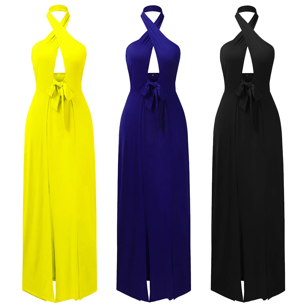 

Cold Shoulder Long Dress Women Sexy Hollow Out Sleeveless Split Maxi Dress Women Summer Bow Lace Up Evening Party Ladies Dresses