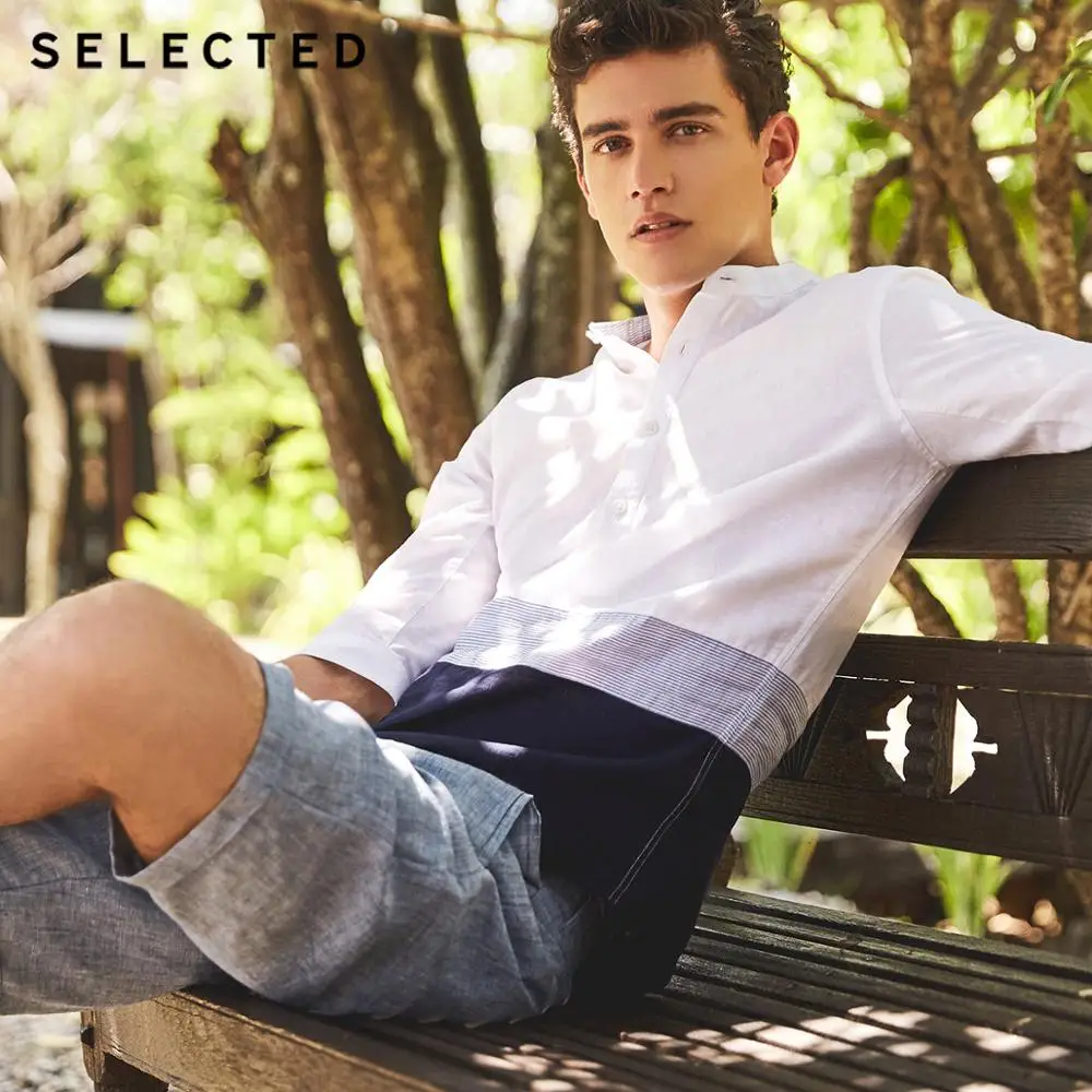 Отборная хлопковая льняная рубашка в полоску с воротником стойкой для отдыха