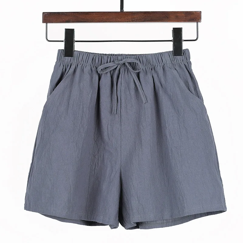 

Women Summer Fashion Japan Style Simple Design Cotton Linen Elastic Waist Solid Color Wide Leg Short Lady Casual Oversize Shorts