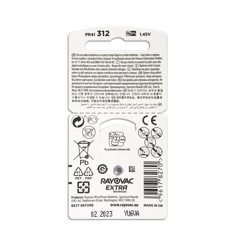 60 шт. Rayovac Extra воздушно цинковые батарейки для слуховых аппаратов A312 312A ZA312 312 PR41 S312