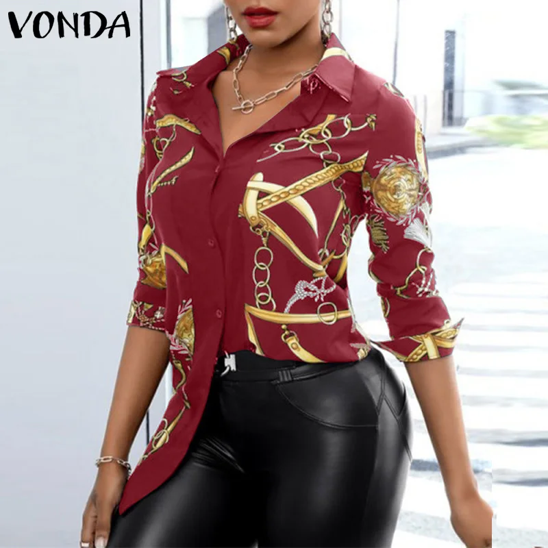 

VONDA Women Vintage Printed Tops 2021 Casual Lapel Collar Long Sleeve Button Up Shirts Bohemian Blusas Femininas Streetwears