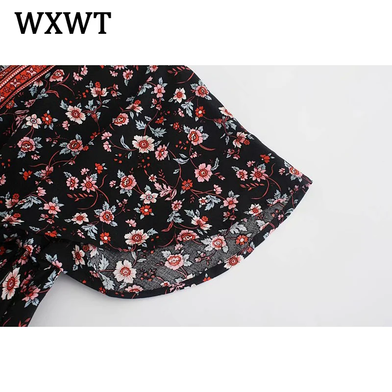 

WXWT 2021 Women Cotton Positioning Print Dress V Neck Short Sleeve Female Bohemian Summer Long Dress Vestidos ST9757