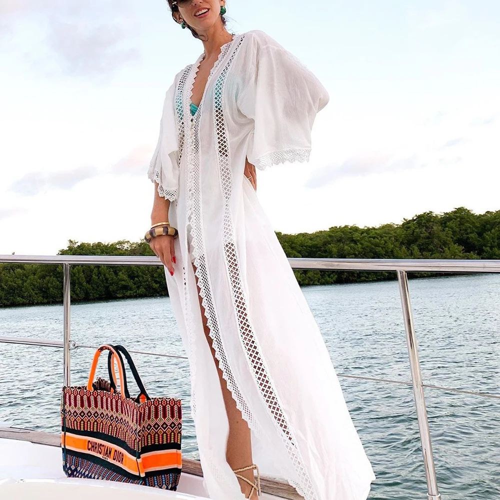 Белое пляжное платье макси открытое хлопковое бикини накидка кимоно туника