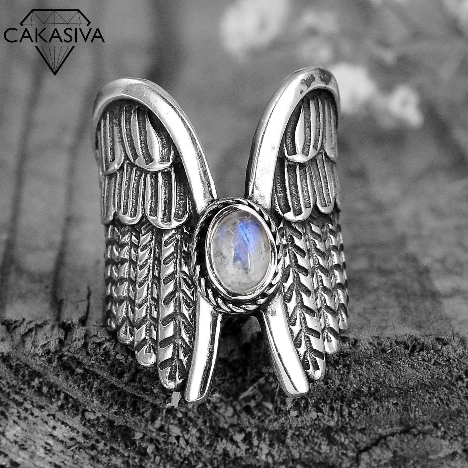 Винтажное кольцо Angel Wings с лунным камнем тайское серебряное в стиле ретро