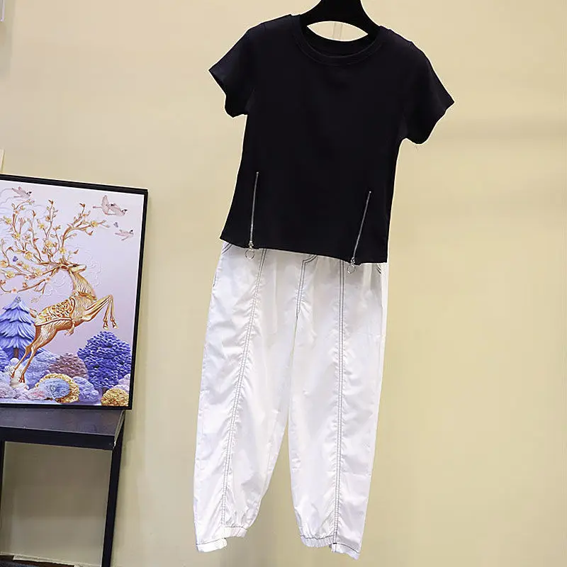 

2Pc Women Trouser Suits Solid Color Fashion Joker Summer Casual Set Top With Pant For Women's Sports Suit