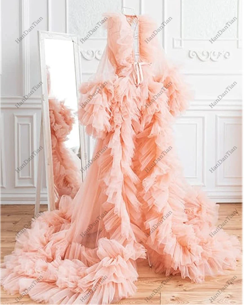 2022 Women's Ruffle Pleated Tulle Maxi Dress Maternity Photography Boudoir Show Formal Bathgown