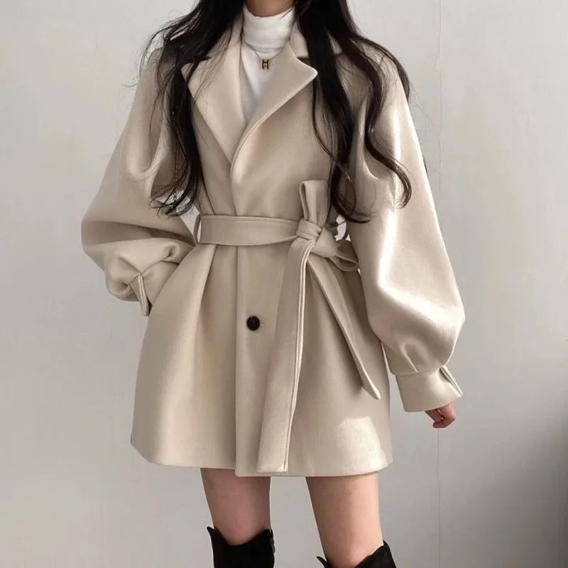 

Women Solid Wool Blend Coat Slim Fit Belt Coats Female Warm Plus Cotton Thicker V-neck Office Lady Elegant Trendy Button Outwear