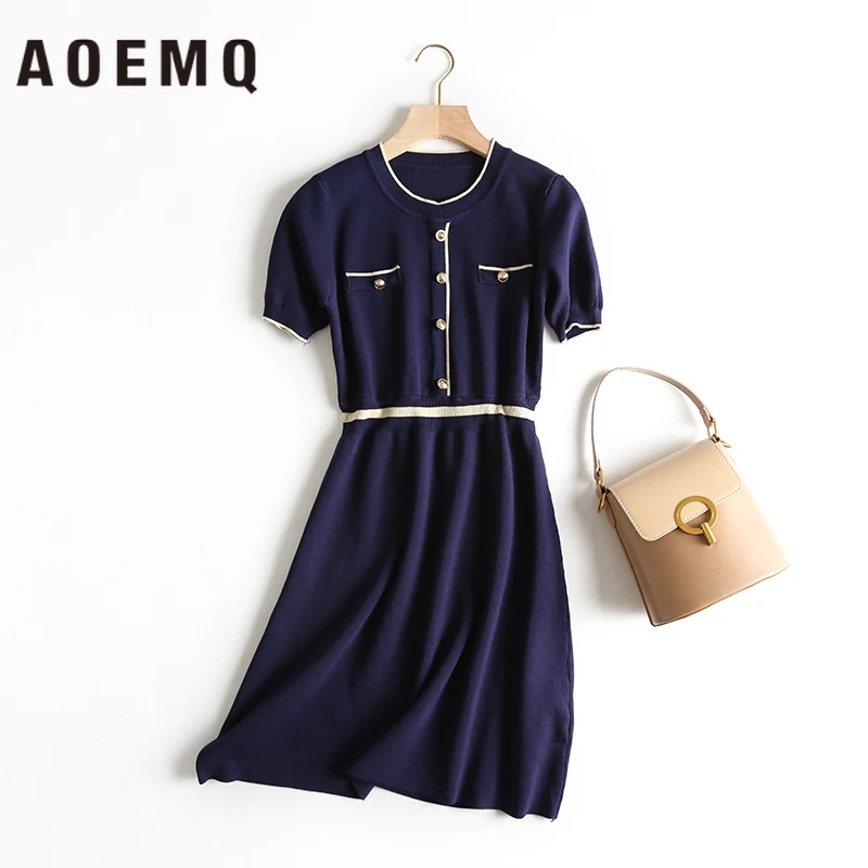 AOEMQ платья сплошной темно синий цвет миди платье трапециевидной формы с круглым