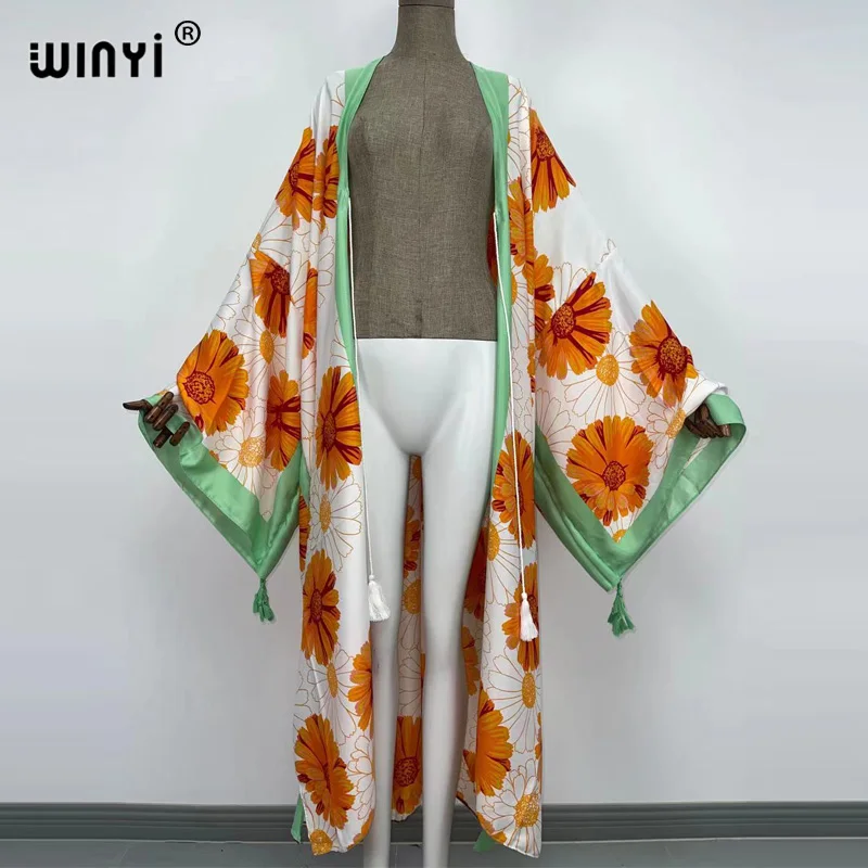 Женское Хлопковое платье-кимоно с принтом в стиле бохо