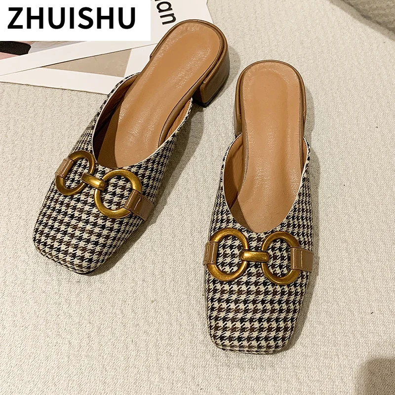 

2021 Summer Fashion Women's Slippers Square Head Low-heeled Casual Slippers Outdoor Comfortable Pu Leather Women's Shoes 35-40
