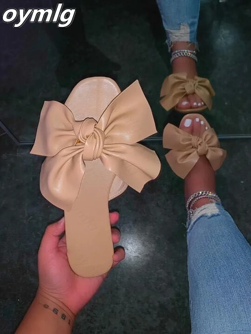 

2021 Hot Women's Slipper Summer Big Bowknot New Thick Bottom Casual Women's Comfortable Beach Slippers Solid Non-slip Slides