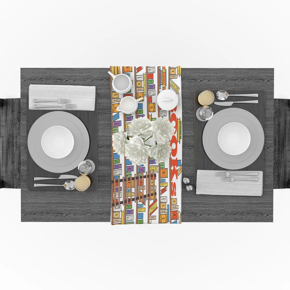 Книги окрашенные на полках настольная дорожка современная столовая деревенский