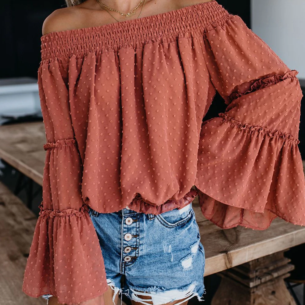 

2021 Fashion Shirt Chiffon Blouse Female Loose Casual Flared Sleeves One Word Collar Shirts Lady Simple Style Tops Clothes