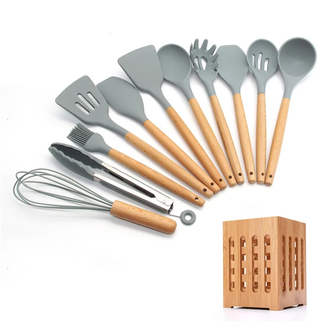 12-Pcs kitchen set Силиконовые набор для кухни 11/12/13 шт, кухонный набор,набор кухонных принадлежностей, антипригарным,деревянной с лопатки, ложка,половник,Кухня инструменты,кухонная утва,серый,кухонные принадлежности из силикона - Цвет: 12-Pcs kitchen set