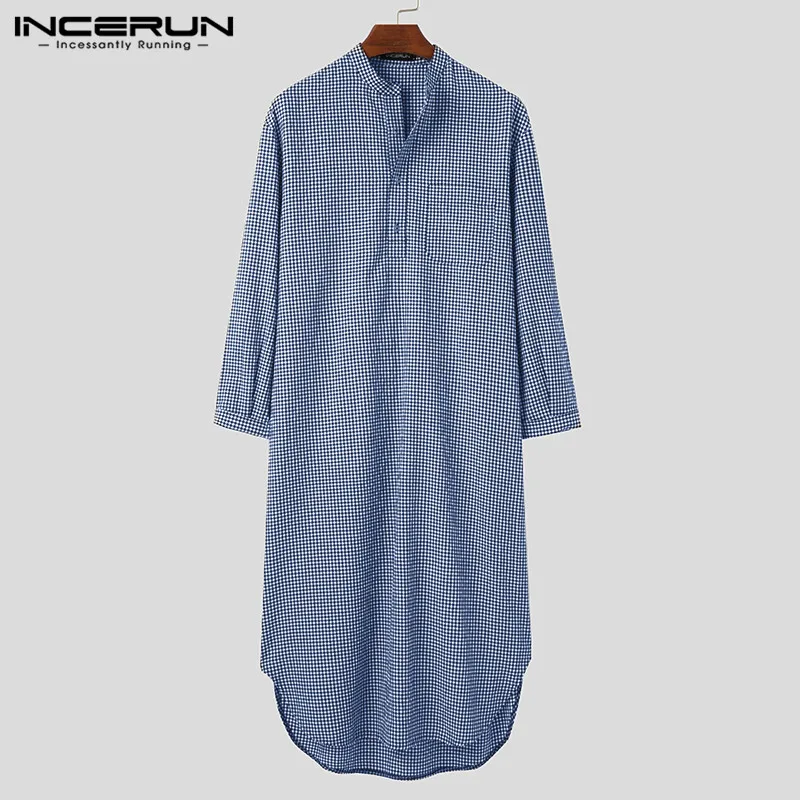 

Mens Plaid Bathrobes Long Sleeve Stand Collar Nightgown INCERUN Lattice Pockets Sleep Robes Leisure Buttons Homewear Plus Size