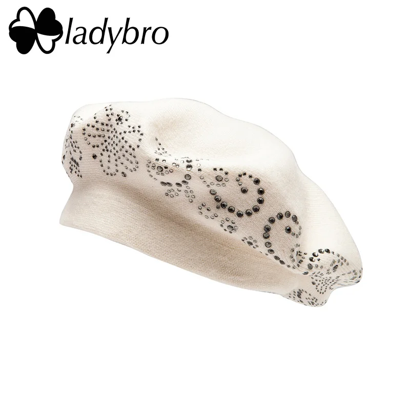 23504 Off-white Ladybro, двухслойная, стразы, шерстяная шапка, женская, осень, зима, шапка, теплый берет, женская вязаная шапка, кепка boina, женский берет, шапка - Цвет: 23504 Off-white