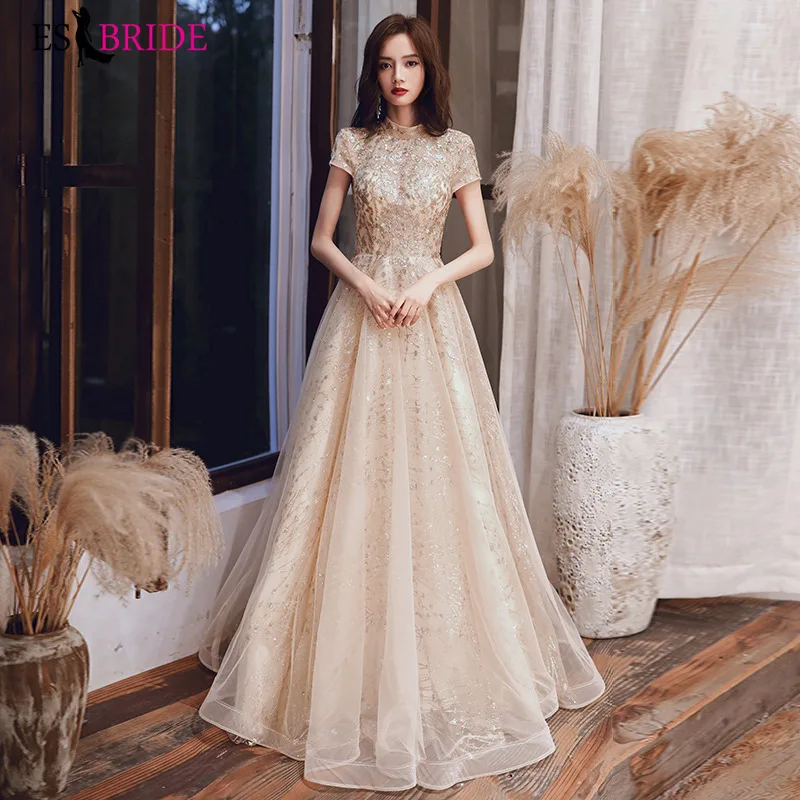 

Evening dress female champagne gold elegant host annual meeting ladies temperament banquet long dress