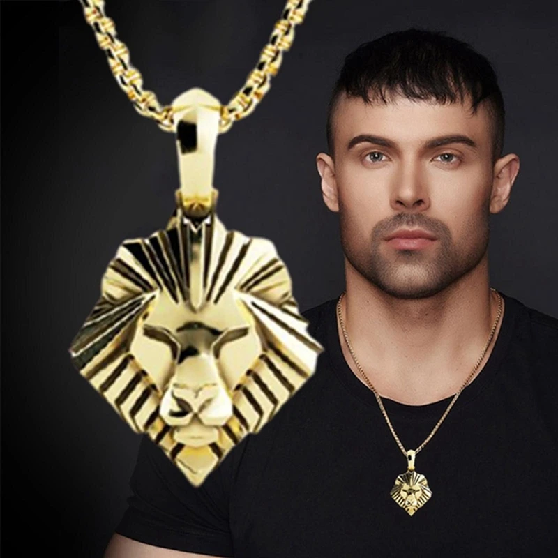 

Hip Hop Lion Head Pendant Necklace Men Luxury Jewelry Gold Silver Color Fashion Streetwear Necklace High Quality Alloy Necklace