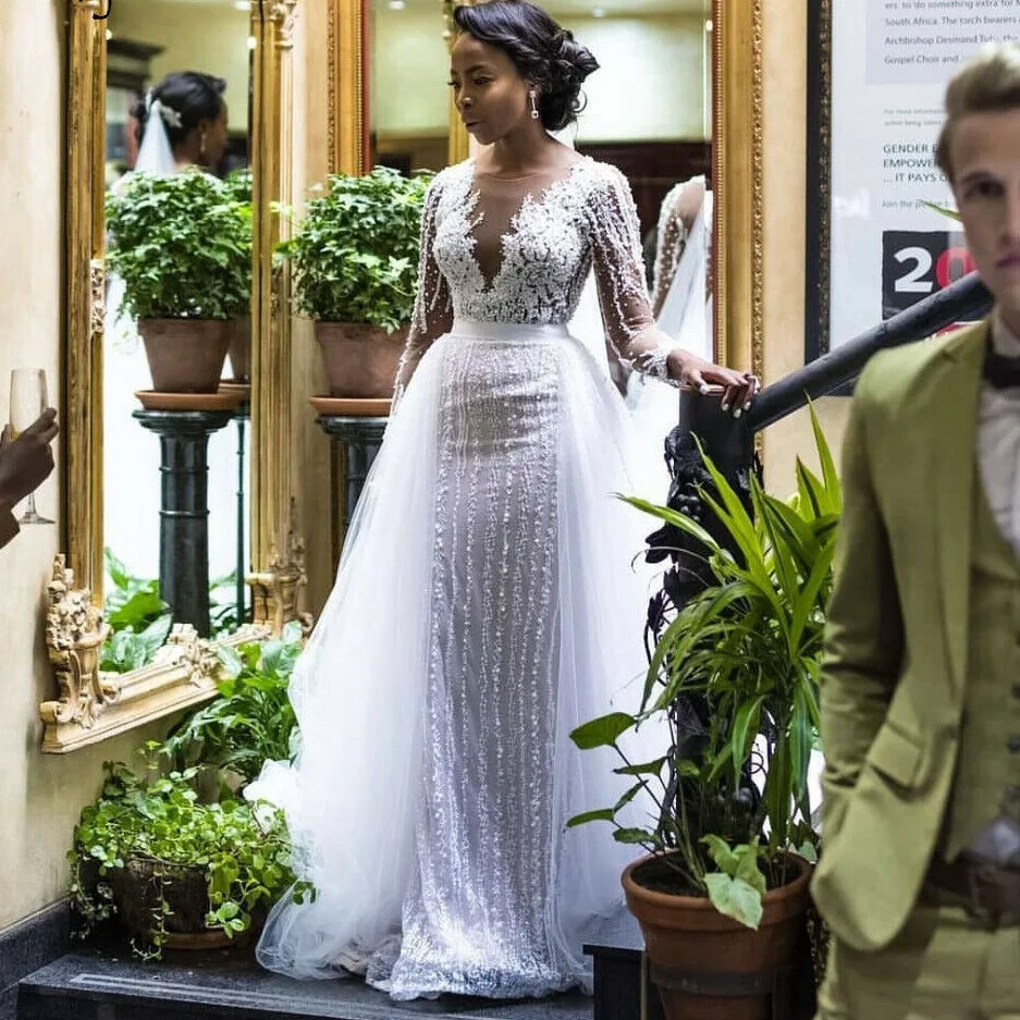 

Pearls Beaded African Long Sleeves Boho Wedding Dresses With Detachable Skirts 2022 Sheer V Neck Bridal Gowns Vestidos De Novia