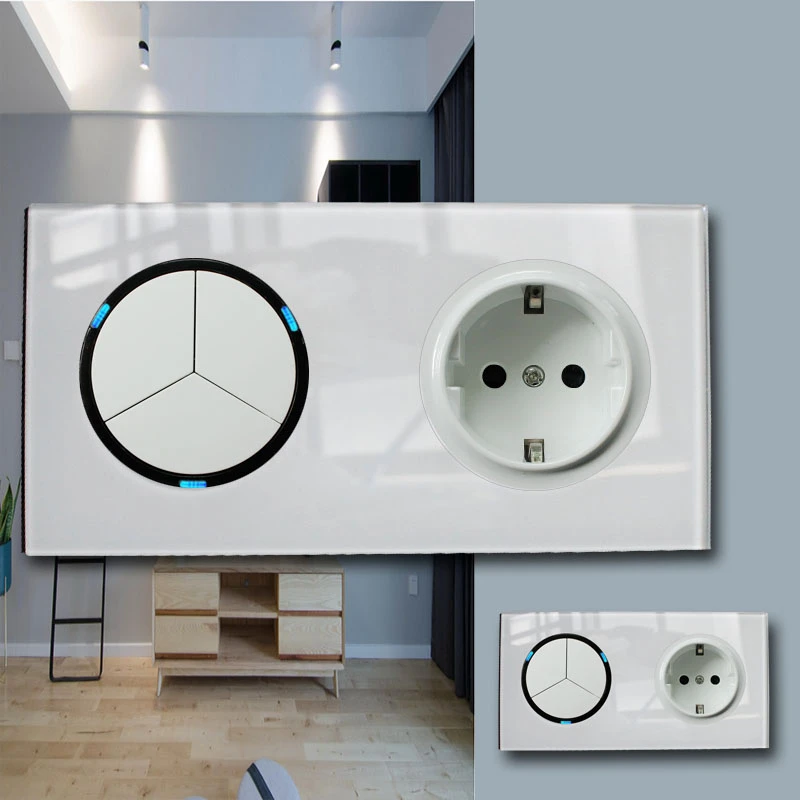 

146 Type 3 gang 2 way Germany Socket Crystal Tempered Pure Glass Panel 13a Double Eu Standard Wall Power Socket Grounded white