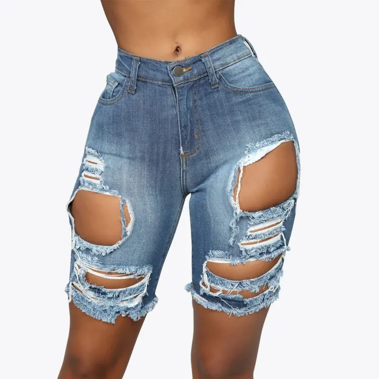 

High Waist Women Ladies Denim 2020 Skinny Ripped Shorts Hole Destroyed Draped Stretch Slim Shorts