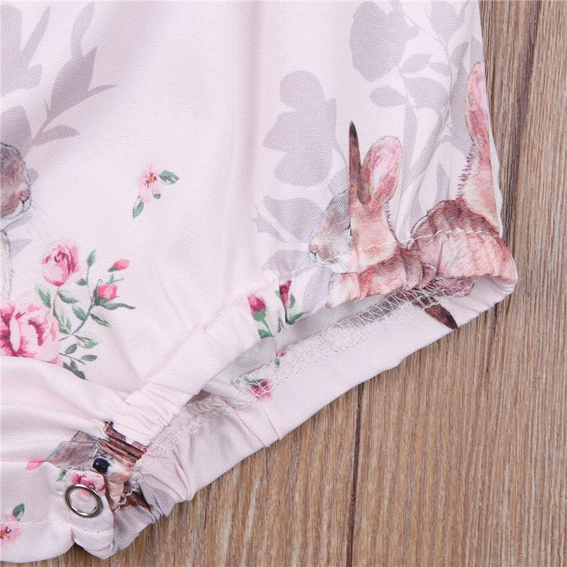 

2Pcs Easter Clothes Set Toddle Baby Girl Easter Rabbit Printed Romper Crotch Button Ruffled Collar Bodysuit Hairband 0-24M