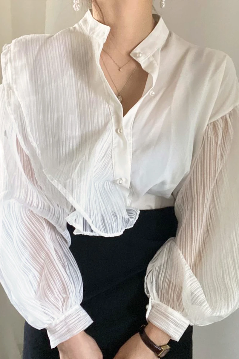 

SuperAen Stand Pearl Buckle Loose Mesh Patchwork Lantern Sleeve Solid Shirt Women Tops