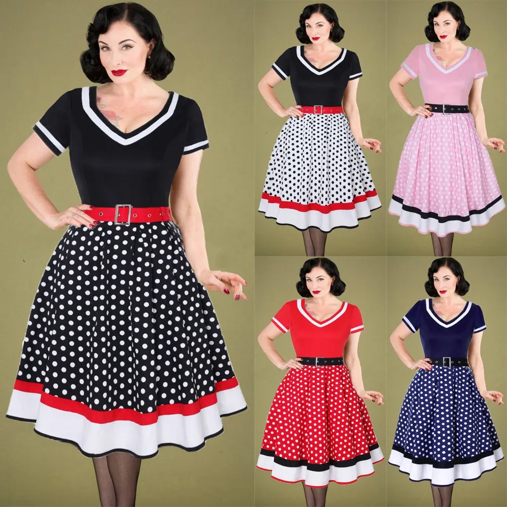 

MIGAZURE 50s 60s Plus Size Women Vintage Retro Housewife Dresses Belt Polka Dot V-Neck Hepburn Sweetheart Pin Up Party Vestidos