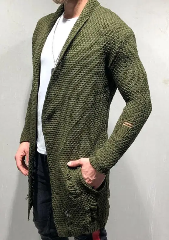 Men Cardigan Hole Sweater Men's Mid-length Cardigan  Sleeve Holes  Hip-hop Style Knitwear Cardigan