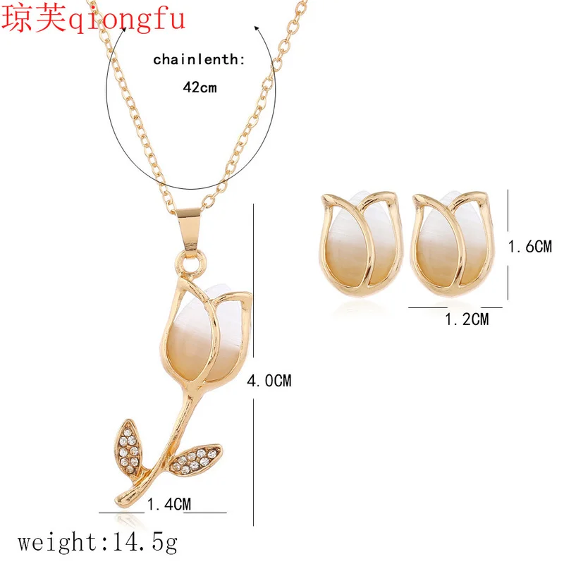 

Tulip Flower Shape Natural Opal Necklace Earrings Jewelry Set Bride Two-piece Set luxury necklace set zirconia jewelry set