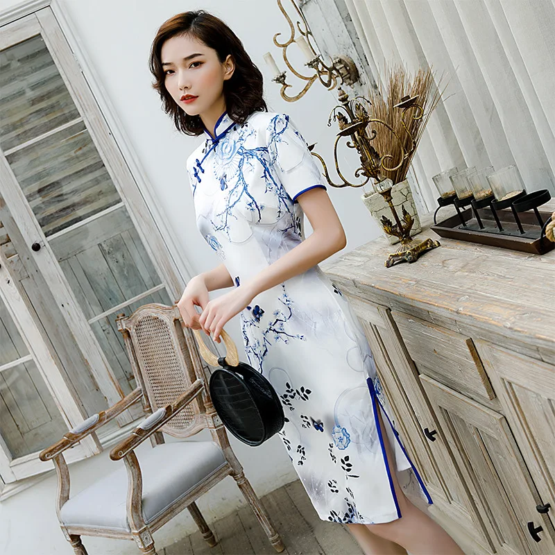 FZSLCYIYI летнее тонкое женское атласное платье Ципао с цветочным принтом элегантное