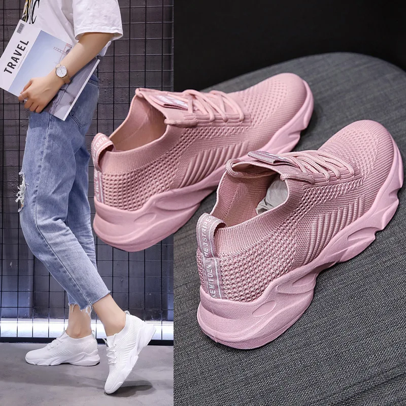 

Girls Fly Weaving Stretch Casual Shoes Women Lace-up Shallow Mouth Flats Creepers Hollow-out Letters Knitted Sneakers Women 2021