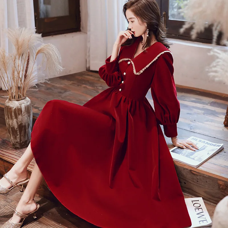 

Velour Women Evening Banquet Dress Sweet Pater Pan Collar Pleated Dresses Bud Sleeve Toast Bride Wedding Banquet Prom Gown Skirt