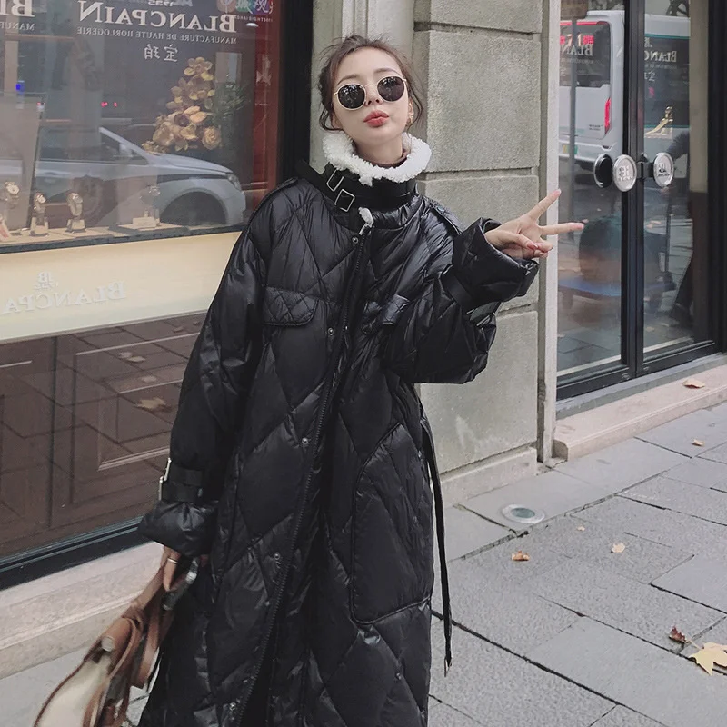 

New Black Knee Length Down Cotton Jacket Winter Korean Lamb Wool Collar Waist Cotton Jacket Women's Coat