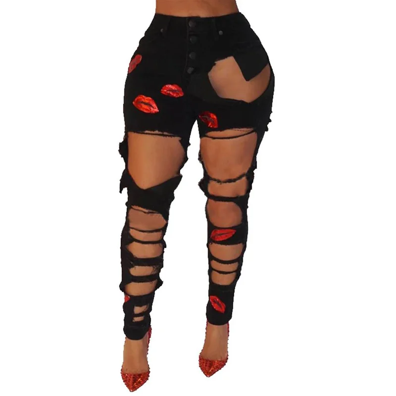 

Women High Waisted Ripped Denim Long Pants Causal Skinny Slim Fit Jeans Trousers