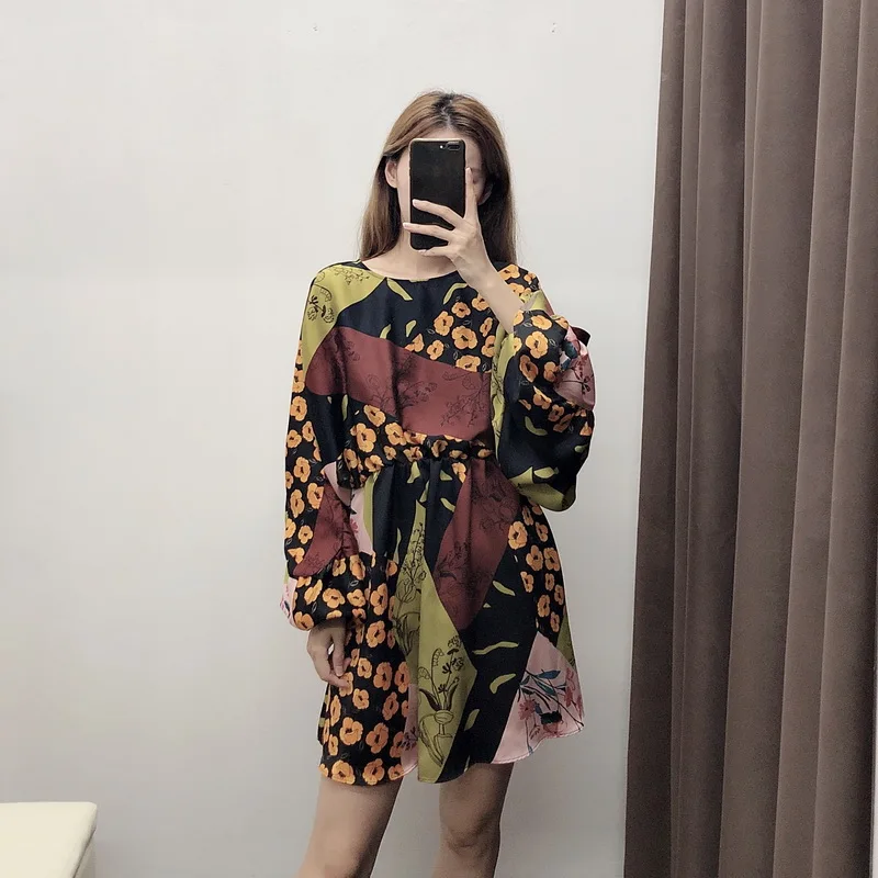 Винтажное женское платье осень 2019 новые модные цветочные принты Пэчворк Выше